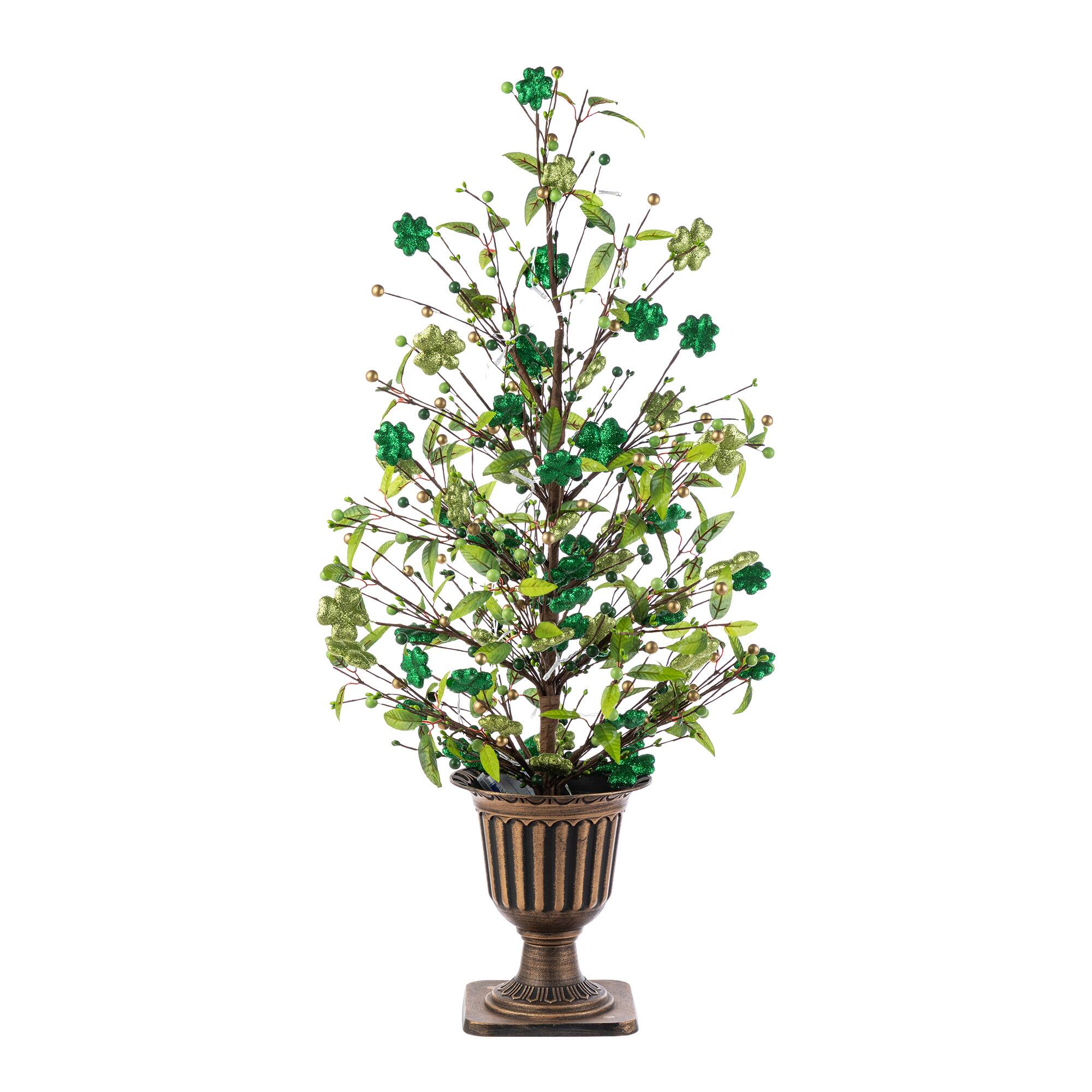 Glitzhome® 36" Lighted St. Patrick's Shamrock Urn Porch Tree with Timer